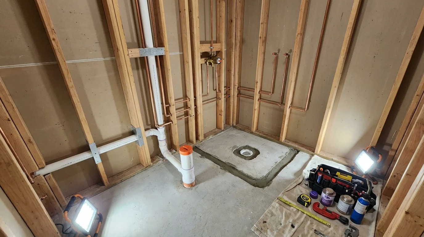 Bathroom rough-in plumbing during remodel by Johns Plumbing LLC in Oakdale