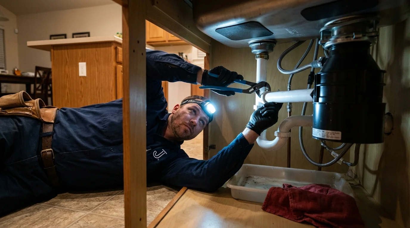 P-trap and supply line connections under a kitchen sink showing a common leak point in Oakdale, PA